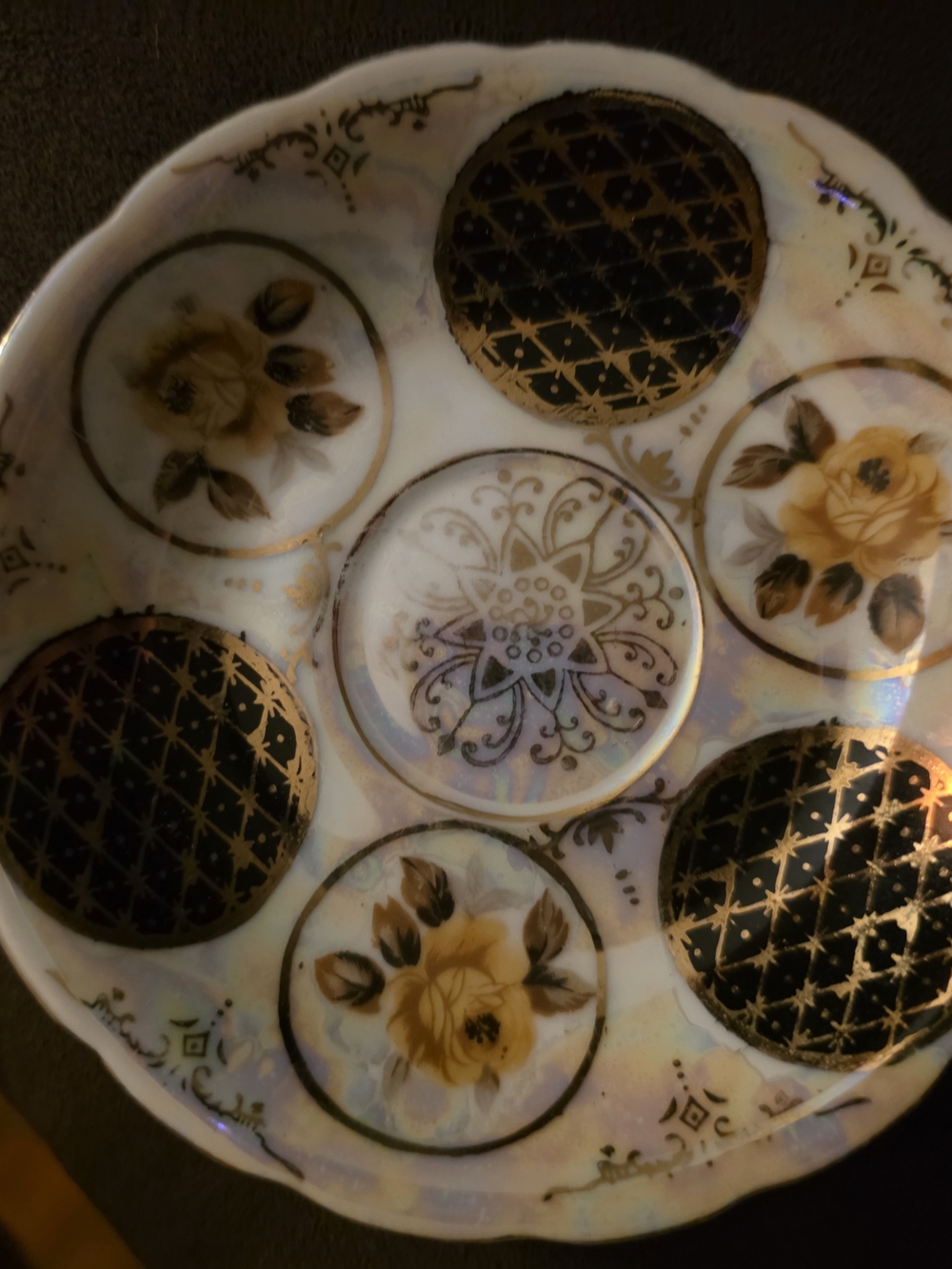 Vintage Decorative Porcelain Dish with Gold and Black Floral Medallions